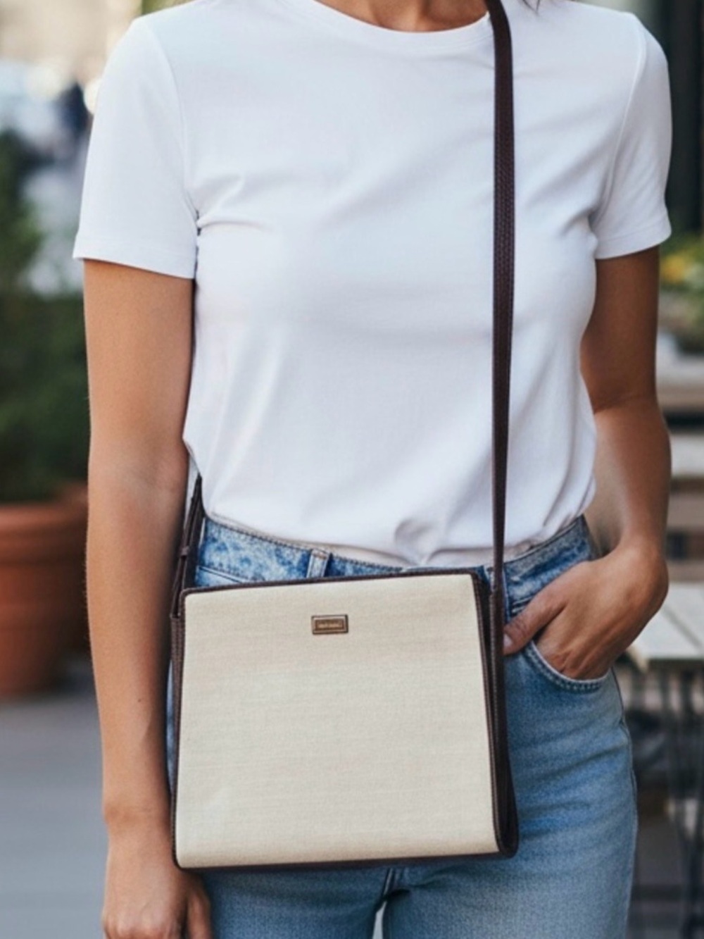 Vintage Escada leather-trimmed crossbody/shoulder bag.